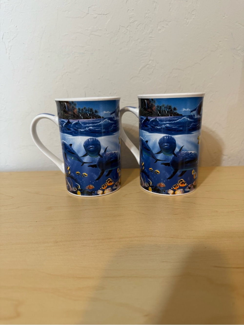 Island Heritage Ceramic Coffee Mugs Ocean Marine Life Dolphins Art Set of 2